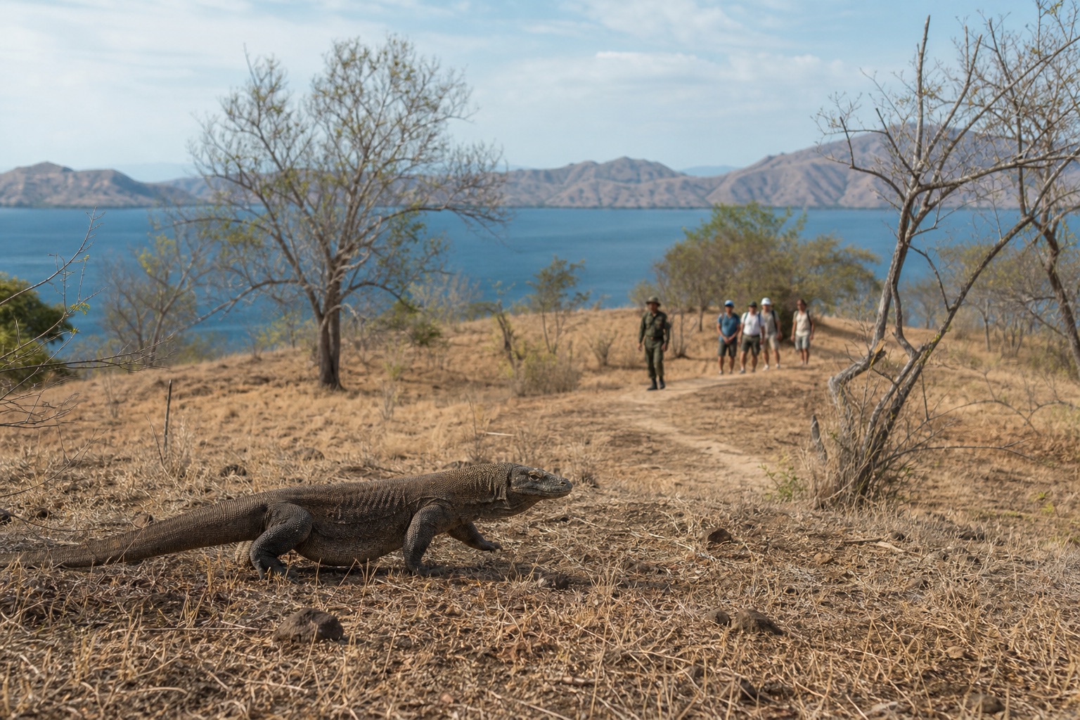 Visual editorial komodo dan kelompok bersama petugas di habitat savana